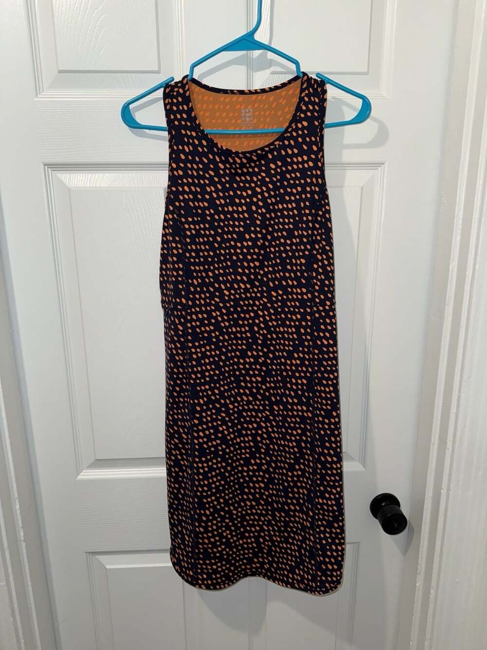 Title Nine Buttah Apex Athletic Dress in Navy Blue and Orange Dot Print